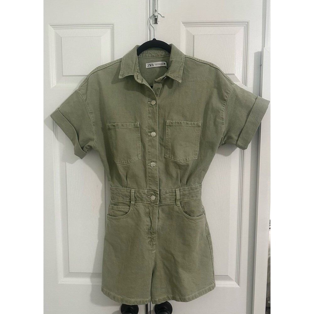 Zara Z1975 Short Sleeve Denim Utility Romper Jumpsuit Shorts - Olive Green